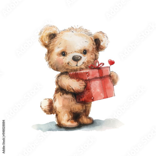 cute teddy bear holding valentine giftbox vector illustration in watercolor style