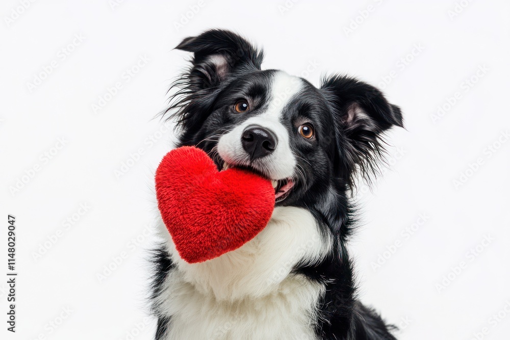 Border collie holds red heart. Border collie holds red heart.