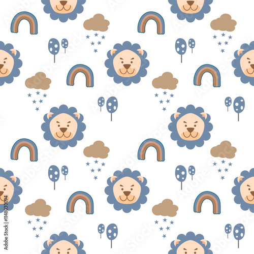 Face lion blue cartoon so cute. On cloud rain tree rainbow white background. Pattern seamless vector illustration. 