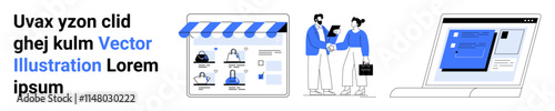 E-commerce storefront design, two business people shaking hands, digital marketing dashboard. Ideal for online retail, customer engagement, e-commerce platforms, B2B interactions, digital marketing