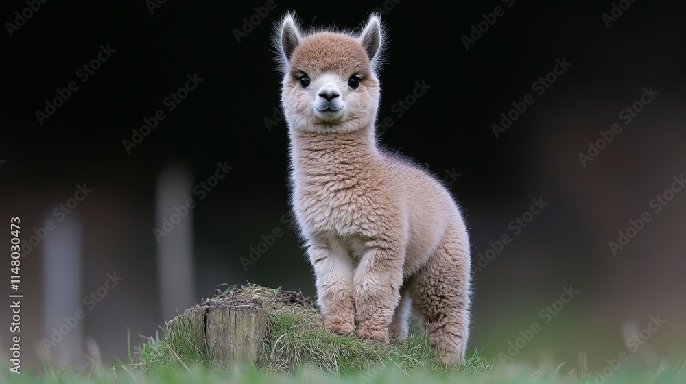 Fototapeta premium Adorable Baby Alpaca in Grassy Field