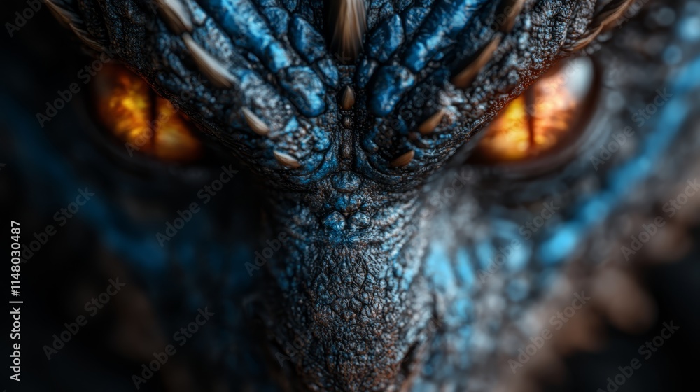 A close up of a dragon's face with orange eyes A close up of a dragon's face with orange eyes