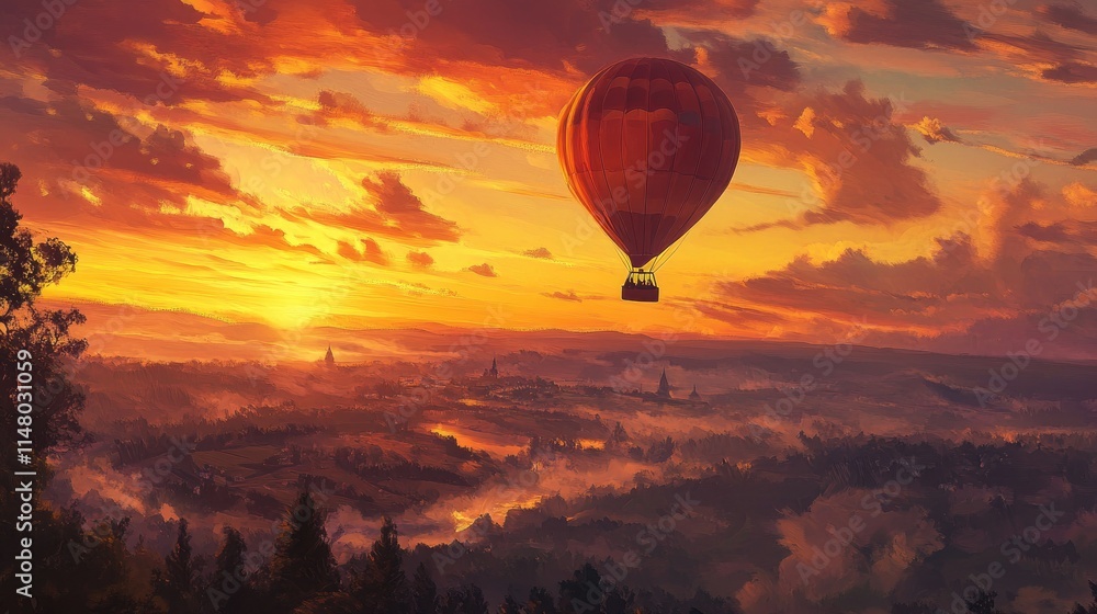Obraz premium Hot air balloon soaring over a misty landscape at sunset.