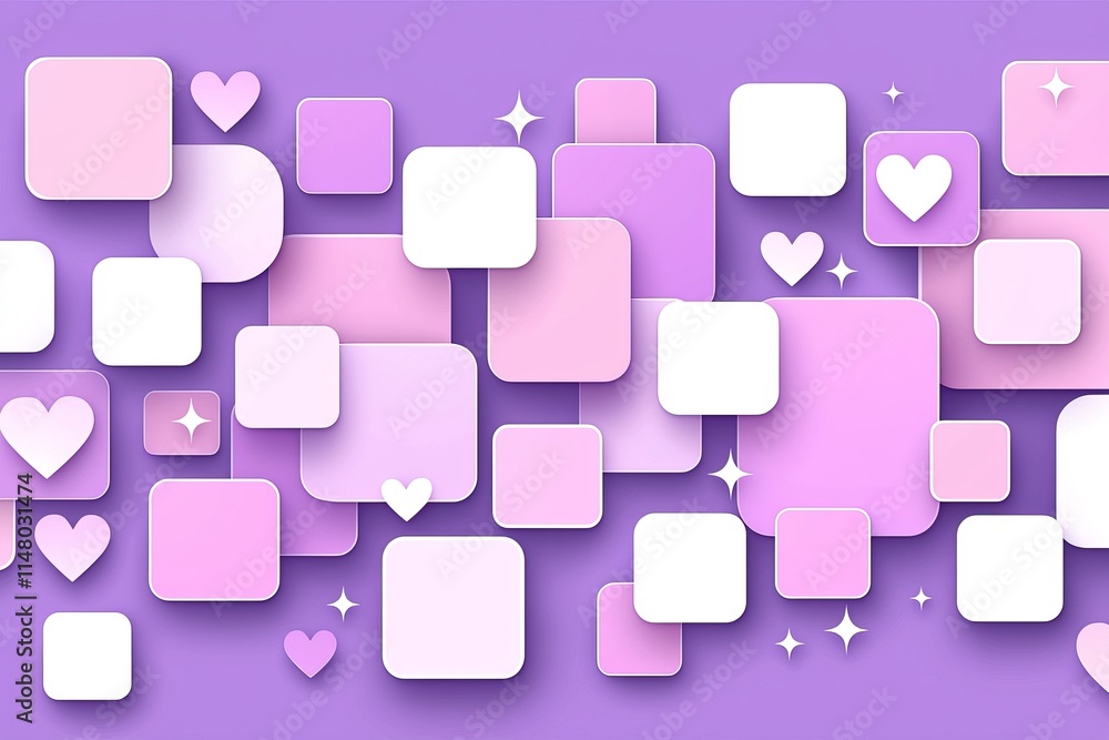 Colorful abstract shapes with hearts on a purple background., purple background Colorful abstract shapes with hearts on a purple background., purple background