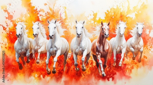 Seven majestic horses, six white and one brown, gallop amidst a vibrant orange and red watercolor splash.