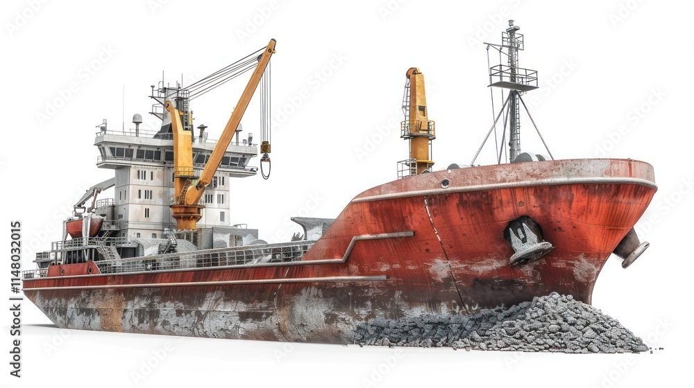 Fototapeta premium Large commercial cargo ship with a massive crane loading and unloading freight containers and materials at a busy industrial seaport harbor The ship is transporting goods resources