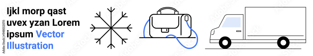 Snowflake, backpack, delivery truck, text elements in black and blue. Ideal for winter themes, education, travel, logistics, advertising, presentations websites Landing page Snowflake, backpack, delivery truck, text elements in black and blue. Ideal for winter themes, education, travel, logistics, advertising, presentations websites Landing page
