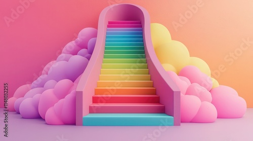 3D Fantasy Neon Glowing, Surreal and Dreamlike, A vibrant, colorful slide styled as a staircase, set against a playful backdrop of pastel clouds and warm gradient tones.