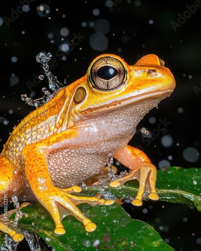 Vibrant orange frog on leaf with water droplets. photo