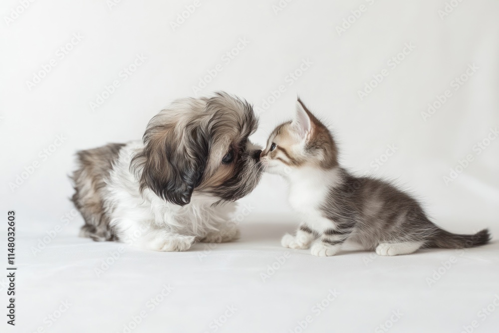 Puppy and kitten face each other on a white background. Puppy and kitten face each other on a white background.