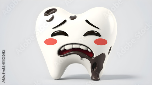 cavities, black and dirty teeth. dental health conditions. sad, funny, cute, and adorable tooth character. Gloomy expression. 3d illustration design. vector. Generative AI