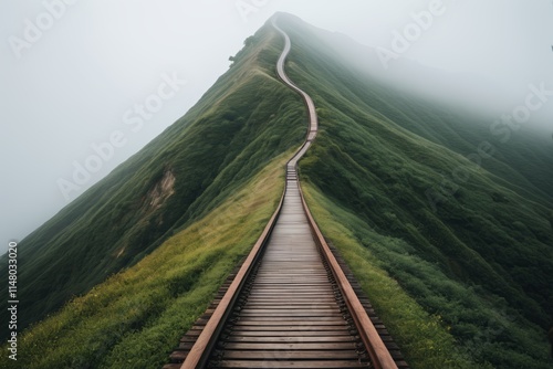 arafed view of a long wooden path going up a mountain