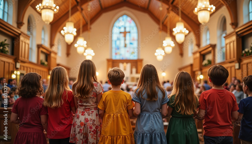 Naklejka premium Children standing in church during a religious service 