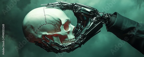 In a hyper-realistic style, a cyborg grasps a skull, representing the threat of technology to humanity.