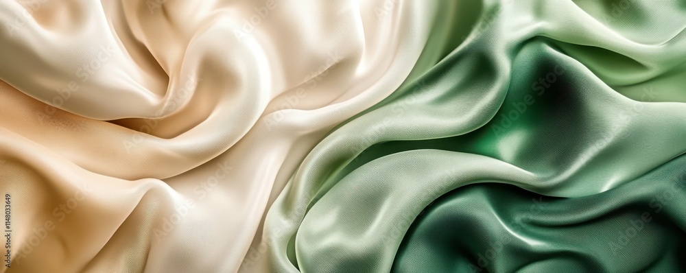 Fototapeta premium Abstract background with flowing green and beige fabric creating smooth shapes