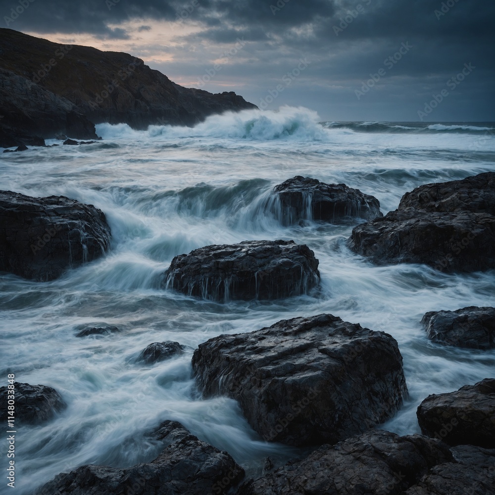 Shoot a long exposure of waves crashing on rocks.
Shoot a long exposure of waves crashing on rocks.