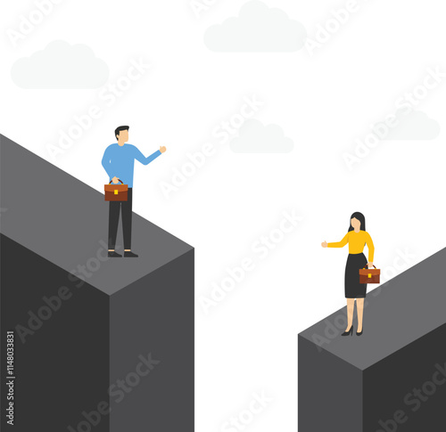Business gender gap inequality vector concept with businessman and businesswoman standing across gap. Eps10 vector illustration.

