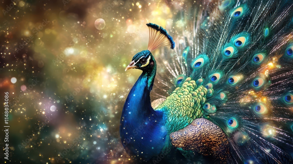 Majestic peacock with feathers resembling galaxies and stars, wildlife, surreal cosmic beauty Majestic peacock with feathers resembling galaxies and stars, wildlife, surreal cosmic beauty