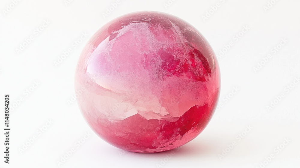 Obraz premium Pink resin sphere with swirling white and red patterns on a white background.