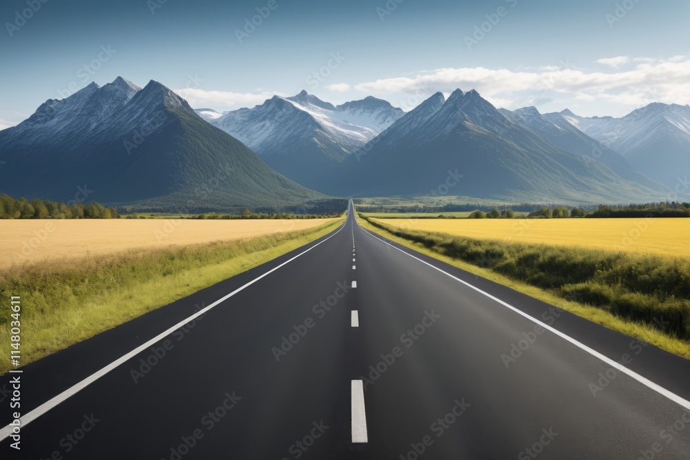 Naklejka premium arafed road with mountains in the distance and a field of grass