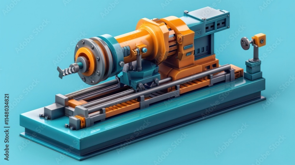 Detailed view of a precision engineered industrial machine or engine component against a vibrant turquoise background Detailed view of a precision engineered industrial machine or engine component against a vibrant turquoise background