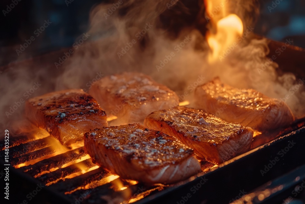 Salmon fillets on hot grill with fire. Salmon fillets on hot grill with fire.