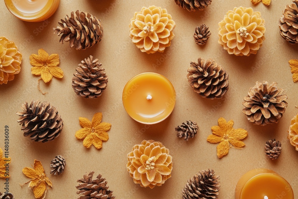 Yellow candles, pinecones, and felt flowers arranged on a beige surface. Yellow candles, pinecones, and felt flowers arranged on a beige surface.