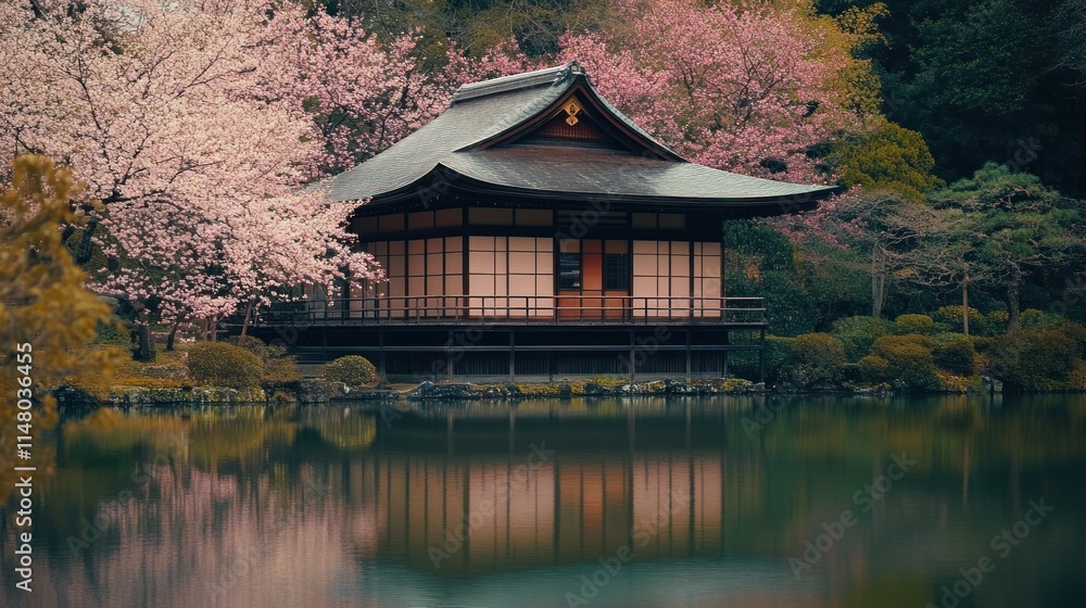 Obraz premium Tranquil Japanese teahouse nestled amongst blossoming cherry trees reflected in a serene pond.