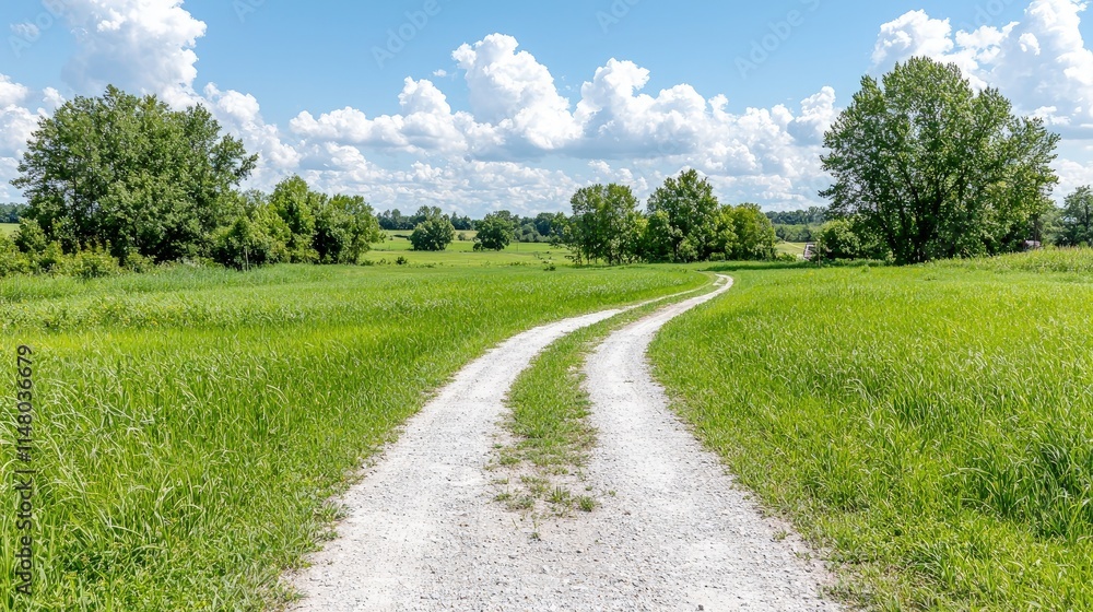 Scenic country road winding through vibrant green field under a blue sky with fluffy clouds. Scenic country road winding through vibrant green field under a blue sky with fluffy clouds.