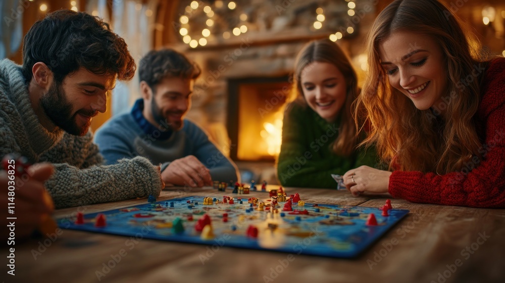 Fototapeta premium Four friends playing a board game by a fireplace in a cozy cabin.