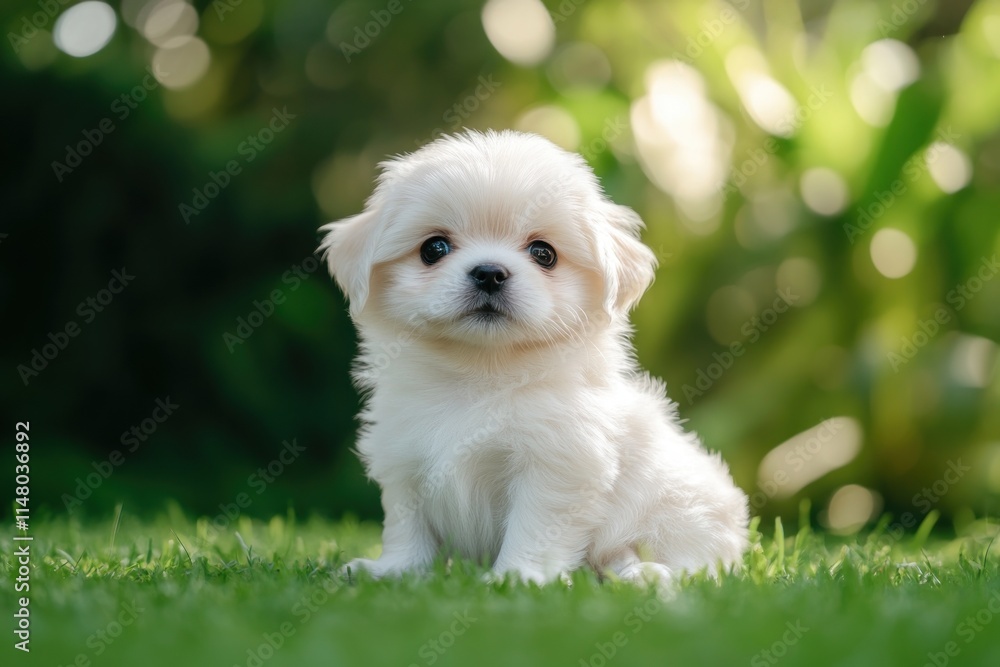 Adorable white puppy sitting on green grass, blurred background. Adorable white puppy sitting on green grass, blurred background.