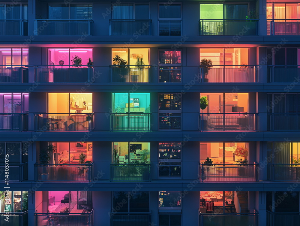 Vibrant nightlife reflections in urban apartment windows cityscape digital photography evening aesthetic concept Vibrant nightlife reflections in urban apartment windows cityscape digital photography evening aesthetic concept