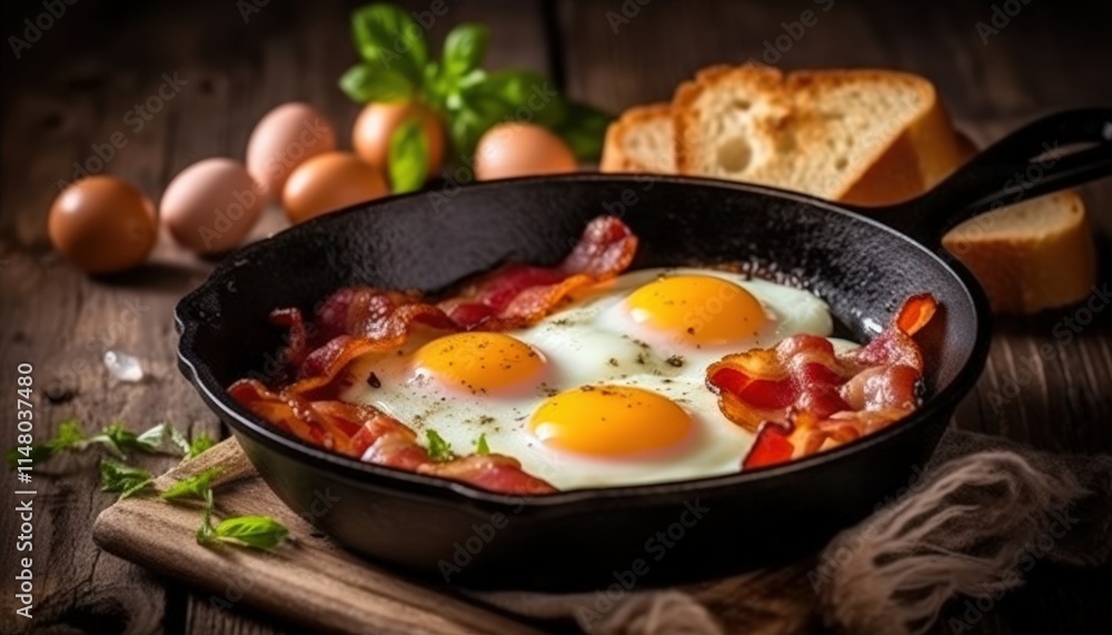 Delicious Breakfast Spread with Fried Eggs, Crispy Bacon, Toast on Wooden Table Surrounded by Fresh Ingredients and Farm Eggs Delicious Breakfast Spread with Fried Eggs, Crispy Bacon, Toast on Wooden Table Surrounded by Fresh Ingredients and Farm Eggs