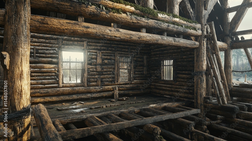 A decaying wooden cabin interior reveals aged timbers and weathered windows A decaying wooden cabin interior reveals aged timbers and weathered windows