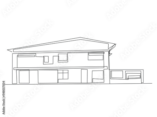 Single continuous line drawing of second story elementary school building. Back to school minimalist style. House exterior front view vector line illustration.