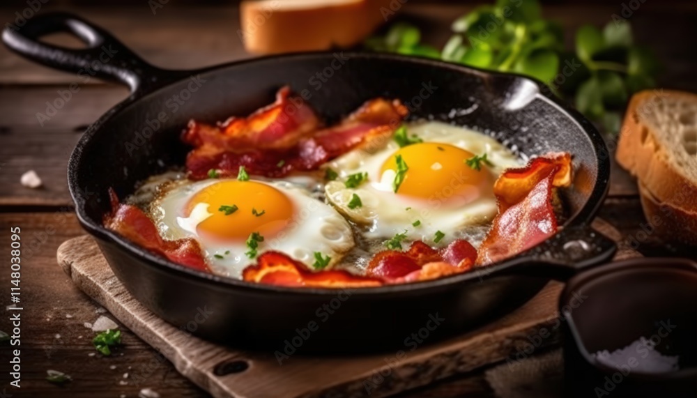 Crispy Bacon and Sunny-Side Up Eggs in Cast Iron Pan on Rustic Wooden Table Surrounded by Fresh Herbs and Slices of Bread Crispy Bacon and Sunny-Side Up Eggs in Cast Iron Pan on Rustic Wooden Table Surrounded by Fresh Herbs and Slices of Bread