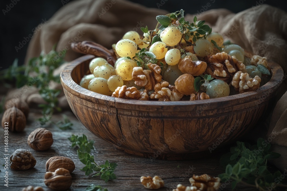 Wooden bowl with grapes and walnuts on fabric. Wooden bowl with grapes and walnuts on fabric.