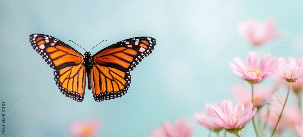 Fototapeta premium Butterfly flying over pink flowers nature scene macro photography soft background delicate beauty