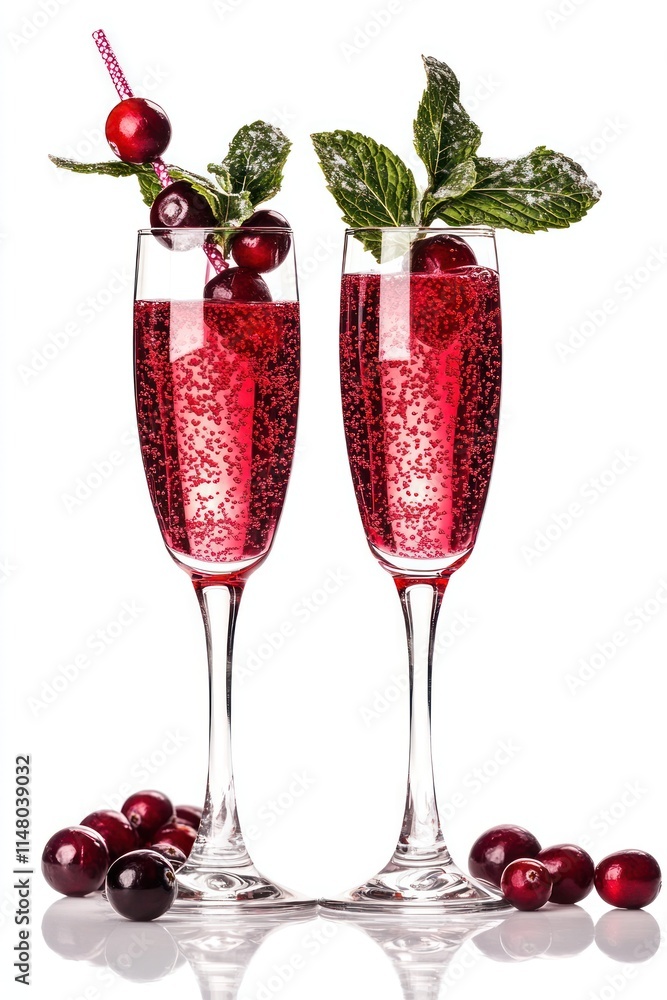 Two red drinks with cherries and mint, on white. Two red drinks with cherries and mint, on white.