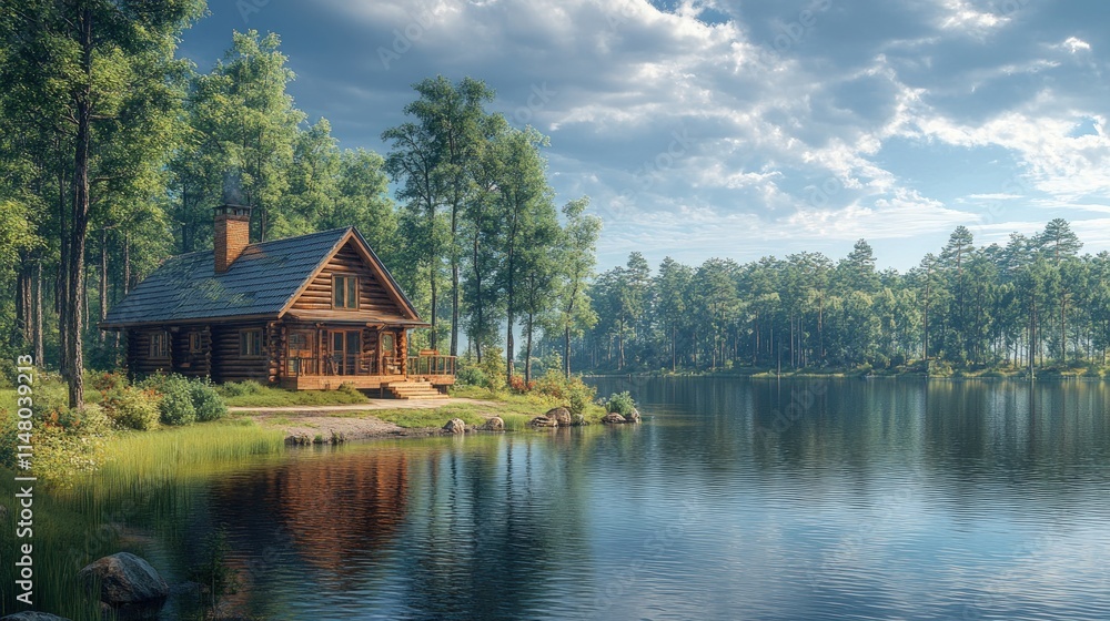 Secluded log cabin, lakeside forest. Secluded log cabin, lakeside forest.