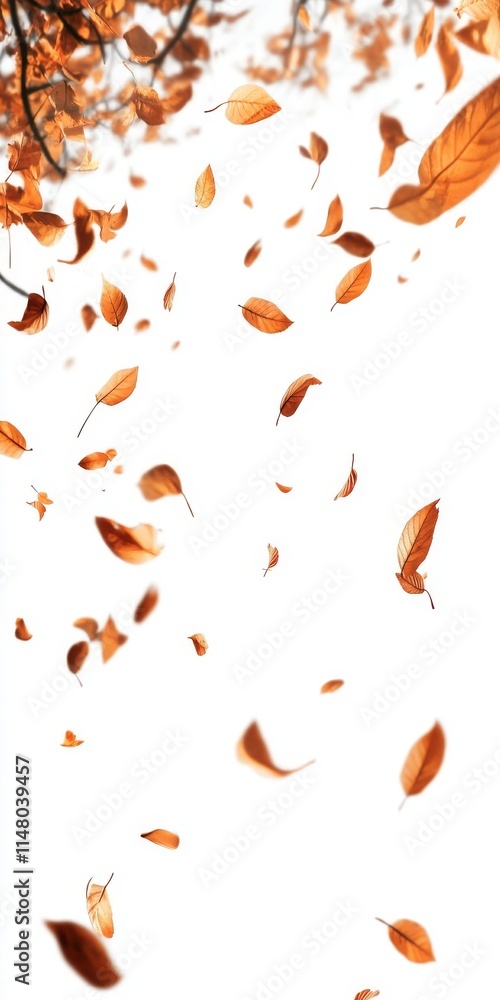 Obraz premium A white background with a lot of leaves falling from the sky. The leaves are orange and scattered all over the background
