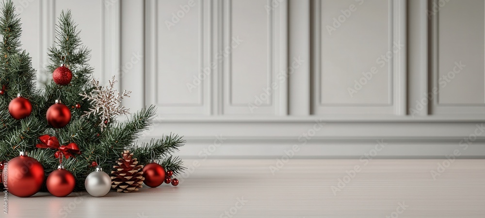 Fototapeta premium Decorative christmas ornaments on table festive indoor setting holiday decor cozy atmosphere close-up view