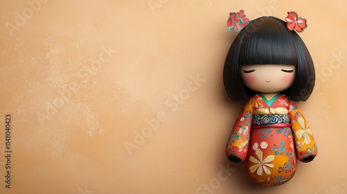 A Japanese kokeshi doll with vibrant kimono patterns and a traditional hairstyle
 photo