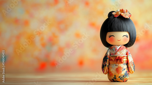 A Japanese kokeshi doll with vibrant kimono patterns and a traditional hairstyle
