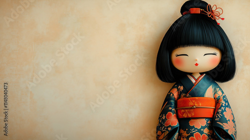 A Japanese kokeshi doll with vibrant kimono patterns and a traditional hairstyle
