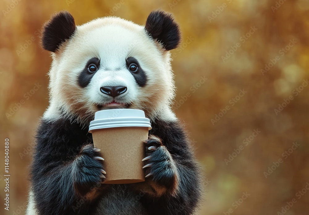 Fototapeta premium Close-up Portrait of a Cute Panda Bear Holding a Coffee Cup. AI generated illustration