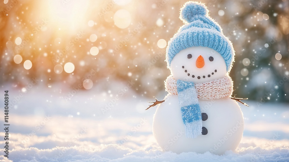 Happy smiling snowman with a blue hat and scarf, standing on white snow in a winter landscape. AI generated illustration. Happy smiling snowman with a blue hat and scarf, standing on white snow in a winter landscape. AI generated illustration.