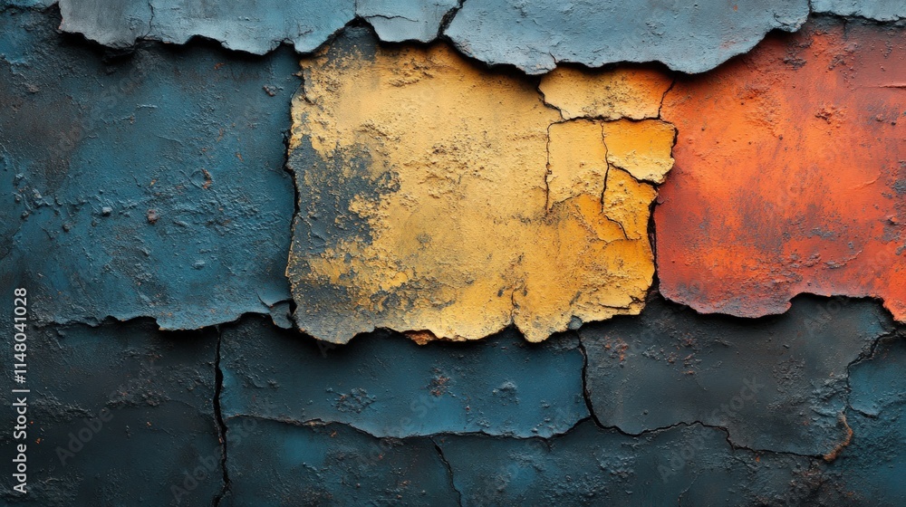 Obraz premium Cracked paint, blue, orange, yellow, textured surface.