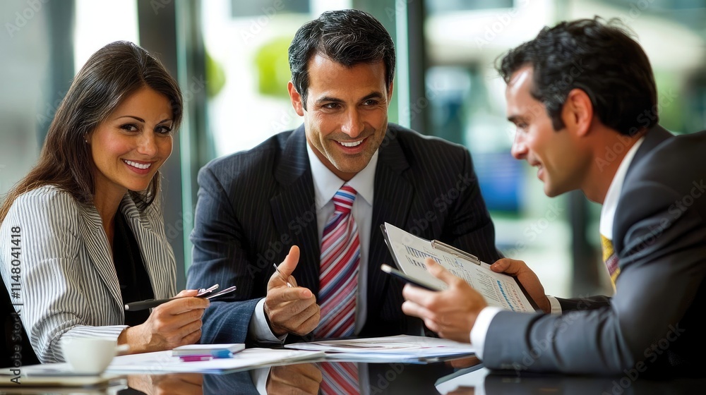 Three smiling businesspeople collaborate, reviewing documents at a table. Three smiling businesspeople collaborate, reviewing documents at a table.