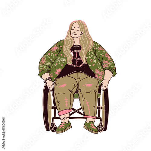 Woman character wearing trendy modern outfit including jeans, shirt, sneakers in a wheelchair. Street fashion flat illustration isolated on white background.